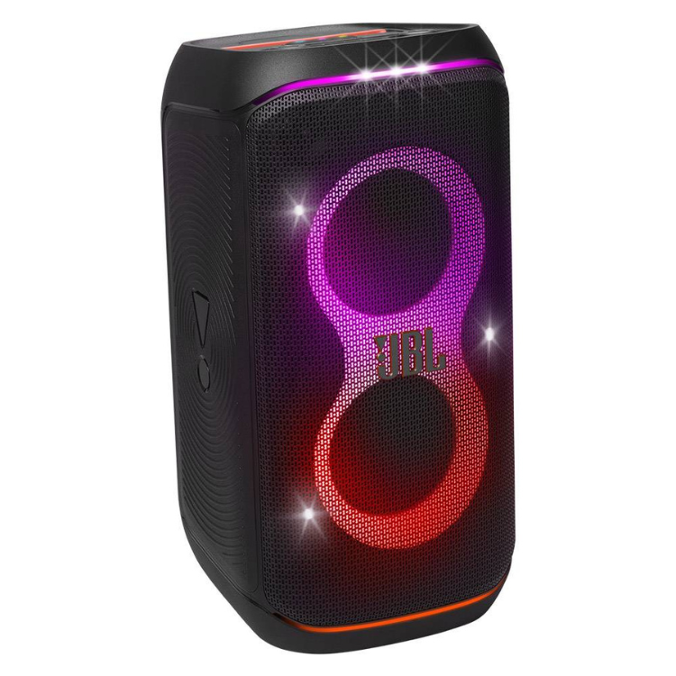 JBL PartyBox Club 120 black speaker with colorful lights.