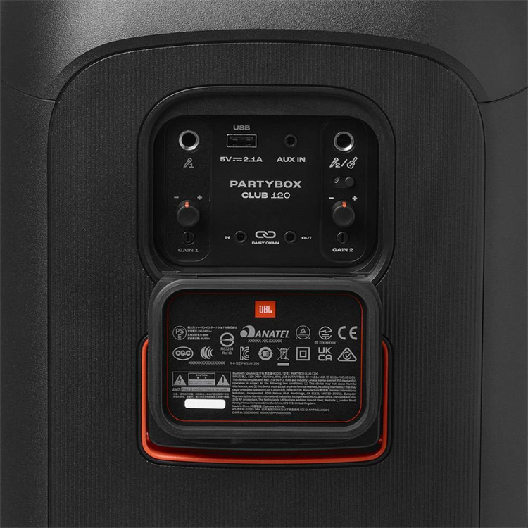Black JBL PartyBox Club 120 speaker control panel and certification labels.
