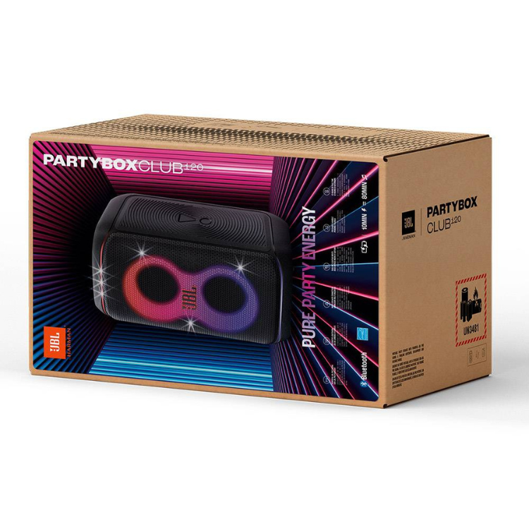 JBL PartyBox Club 120 black speaker in packaging