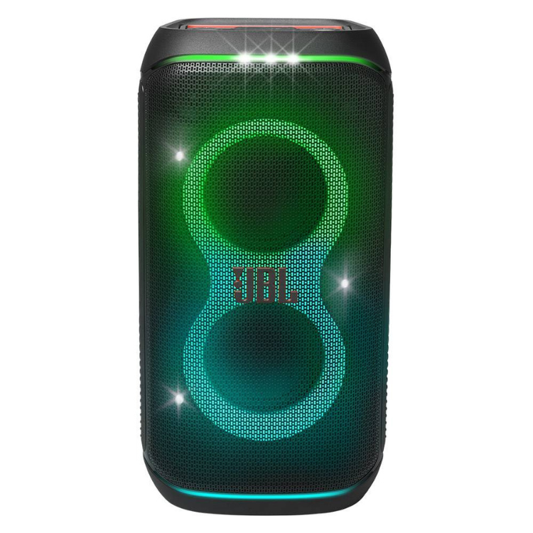 JBL PartyBox Club 120 black portable speaker with green and blue lights.
