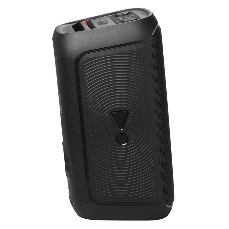 Black JBL PartyBox Club 120 portable speaker with exclamation mark button.