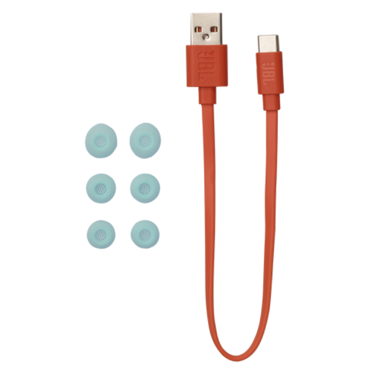 Auriculares JBL Wave Beam 2 ANC TWS Azul, cabo de carregamento laranja e seis pontas de ouvido.