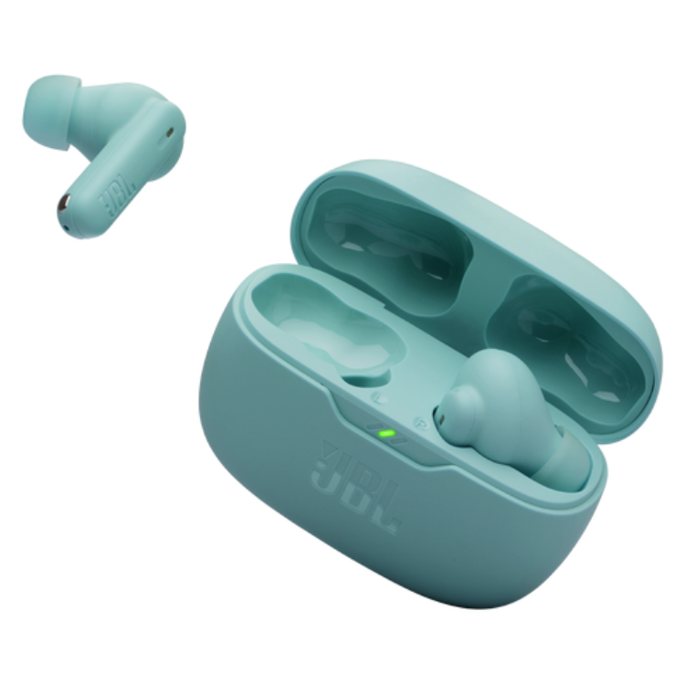Auriculares JBL Wave Beam 2 ANC TWS azuis com caixa de carregamento.
