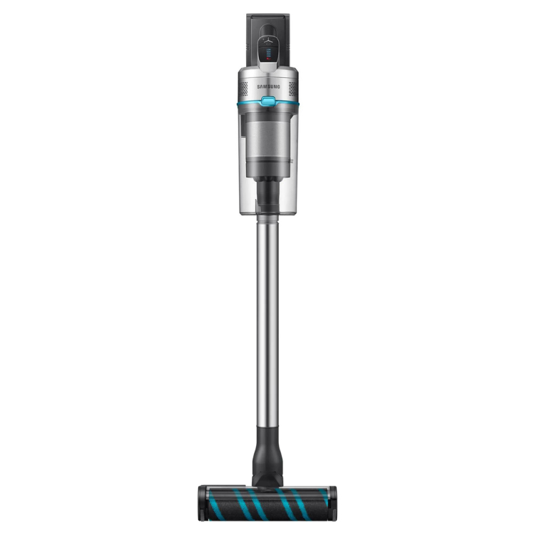 Samsung Jet90 vertical vacuum, silver and black with blue accents.