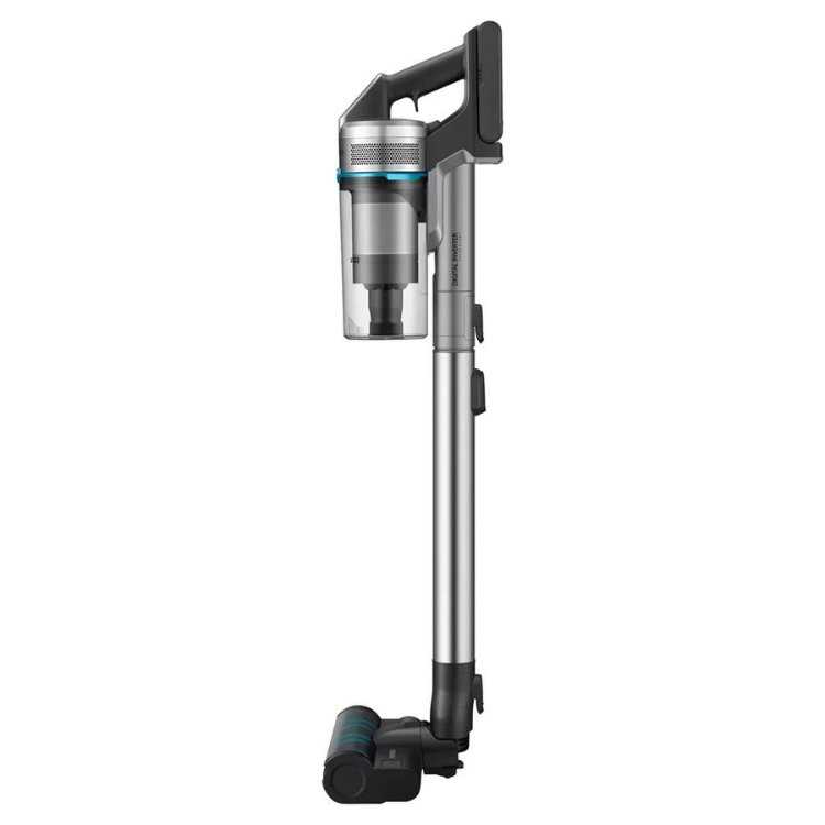 Samsung Jet90 vertical vacuum, silver and black, with blue accents.