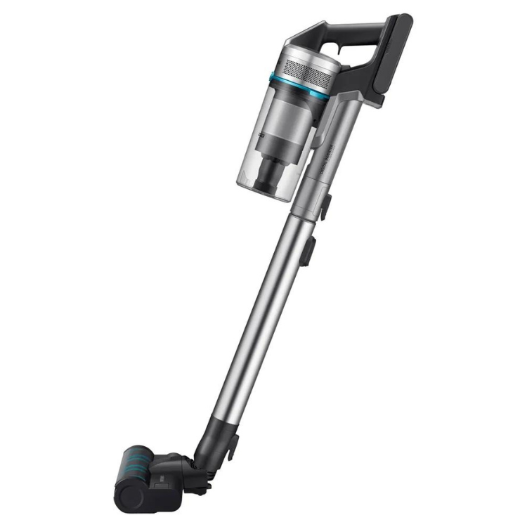 Samsung Jet90 vertical vacuum, silver and black with blue accents.