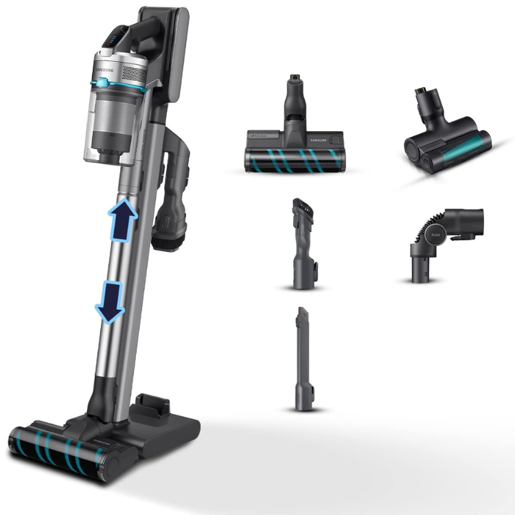 Samsung Jet90 vacuum cleaner, gray and black with blue accents, various attachments.