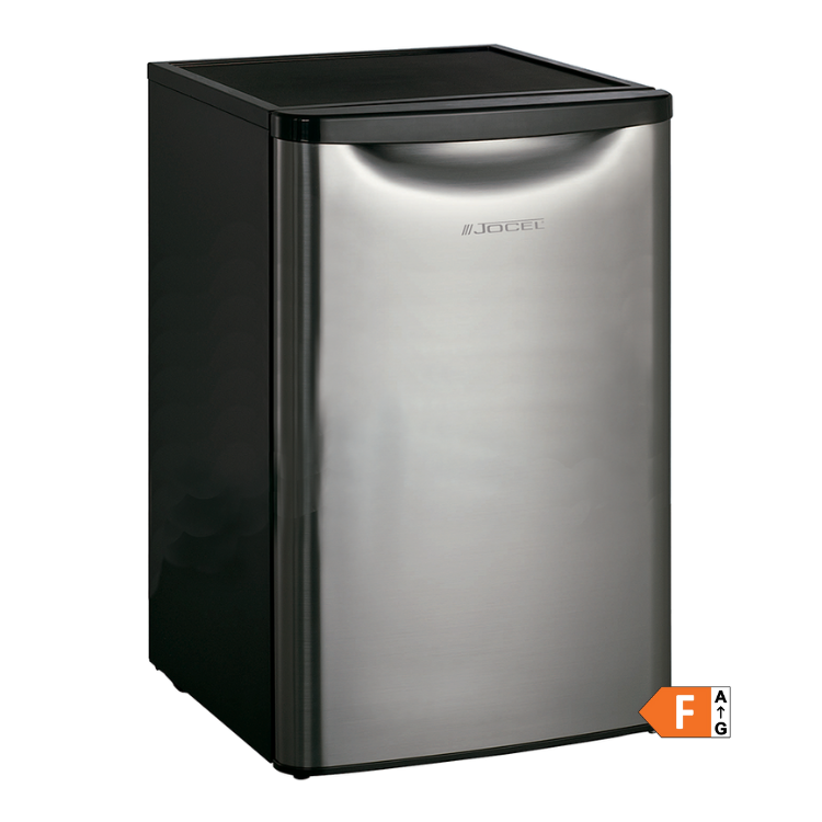 Black and silver Jocel mini fridge with freezer, 122L capacity.