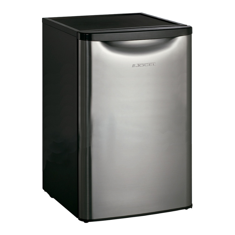 Black and silver Jocel mini fridge with freezer, 122L compact design.