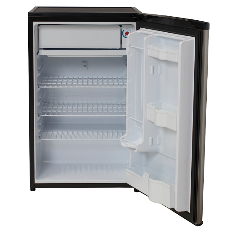 Black mini fridge with freezer, open door, empty interior, Jocel JF-118 model.