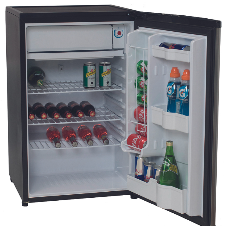 Black mini fridge with door open, showing drinks inside, Jocel JF-118.