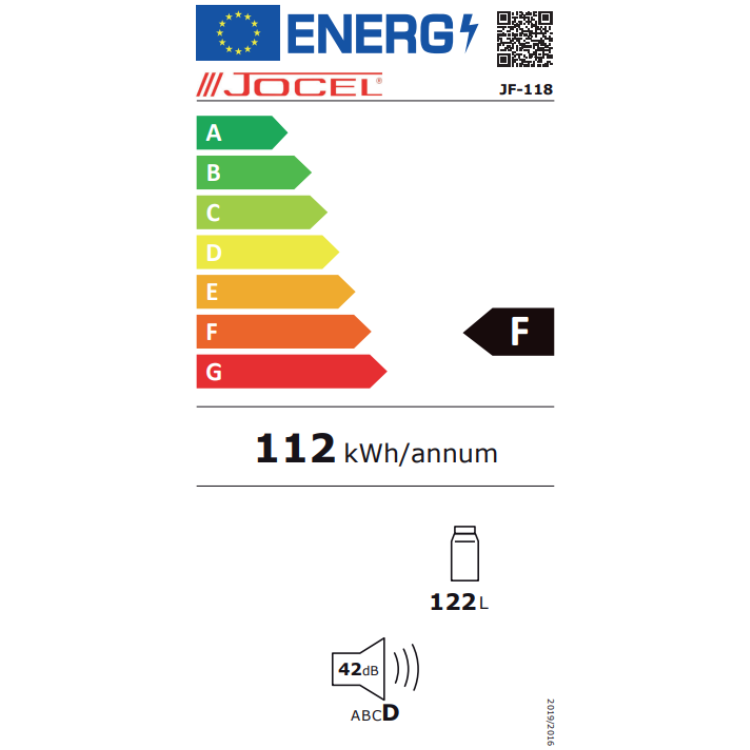 Jocel JF-118 energy label, F rated, 112 kWh/annum, 122L, 42dB.
