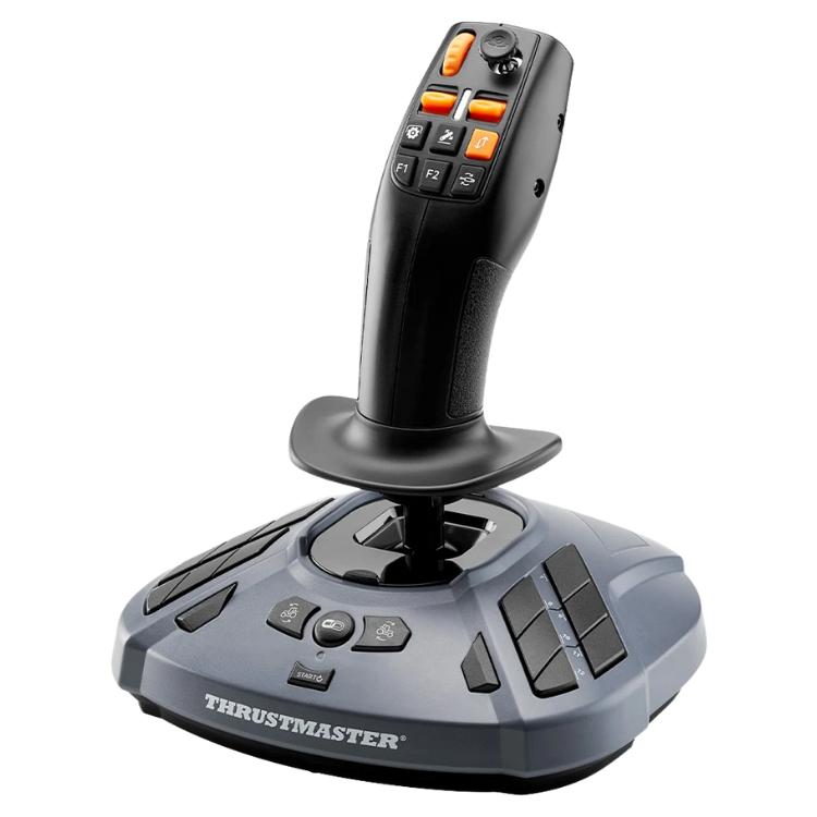 Thrustmaster SimTask Farming Stick, black and grey joystick controller.
