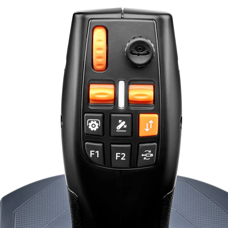 Black Thrustmaster SimTask Farming Stick with orange buttons and dial.