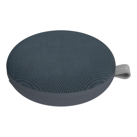 Grey portable Bluetooth speaker, Devia Kintone Series, fabric exterior.