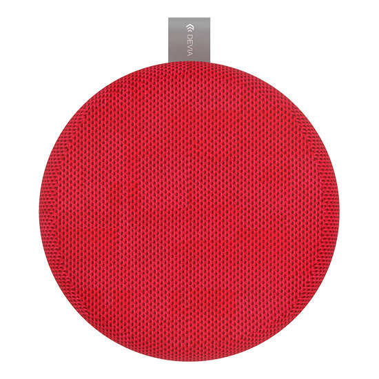Red portable Bluetooth speaker, Devia Kintone Series, fabric texture.
