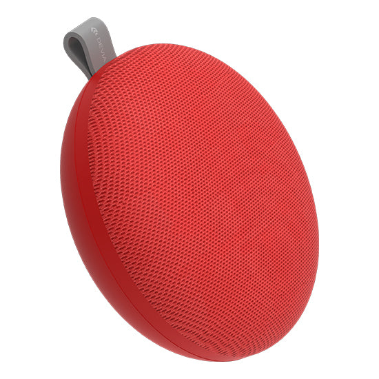 Red portable Bluetooth speaker, Devia Kintone Series, fabric texture.
