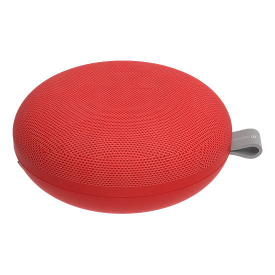 Red portable Bluetooth speaker, Devia Kintone Series, fabric-covered, 3W.