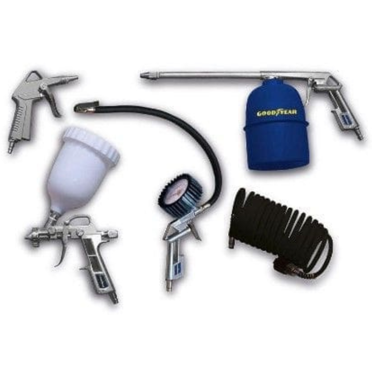Goodyear airbrush kit with spray guns, hose, and accessories.