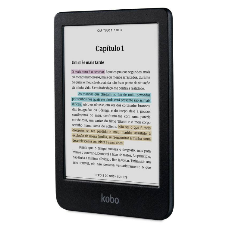 eReader Kobo Clara Colour 6" 16GB Wi-Fi Preto a mostrar um livro com texto a cores.
