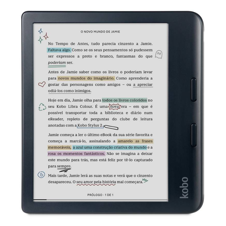 eReader Kobo Libra Colour, ecrã 7 polegadas, 32GB, Wi-Fi, preto, a mostrar uma página de livro com texto colorido.
