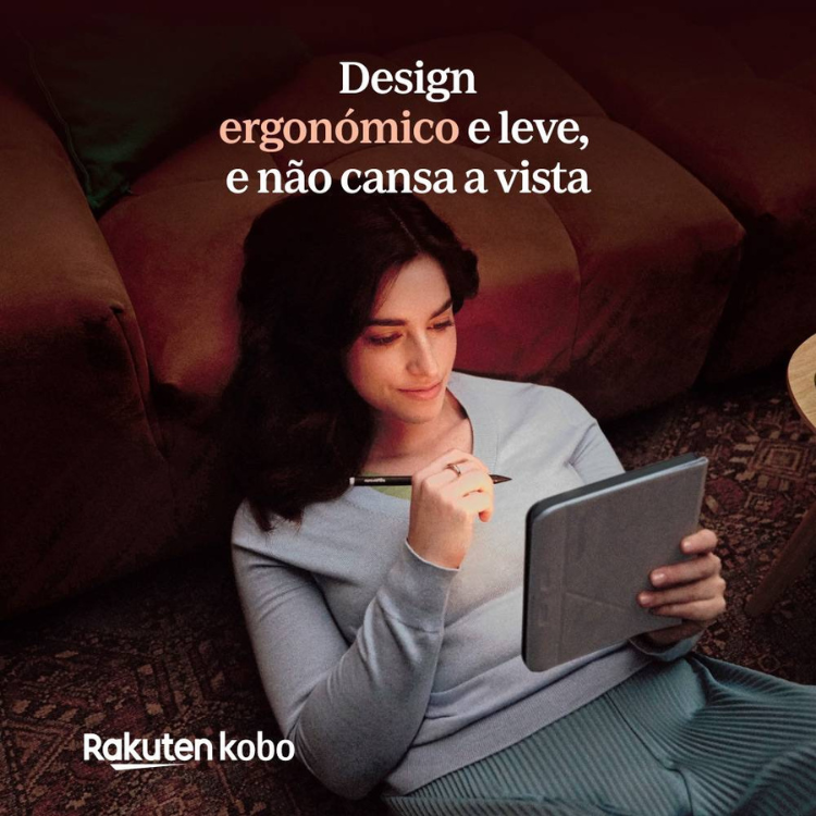eReader Kobo Libra Colour 7 polegadas 32GB Wi-Fi Preto, mulher a ler com um eReader cinzento.