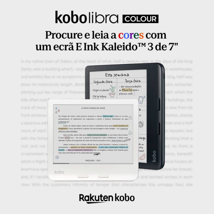 eReader Kobo Libra Colour, ecrã 7" E Ink, 32GB, Wi-Fi, preto, com textos e imagens coloridas.