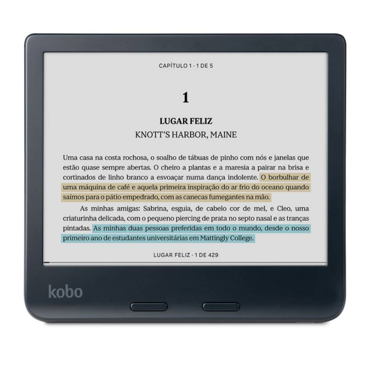 eReader Kobo Libra Colour, ecrã 7 polegadas, 32GB, Wi-Fi, preto, a ler um livro.