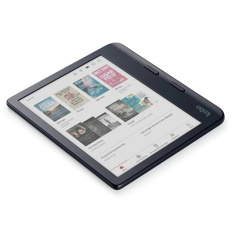 eReader Kobo Libra Colour 7 polegadas 32GB Wi-Fi preto com ecrã a mostrar uma biblioteca de livros eletrónicos.