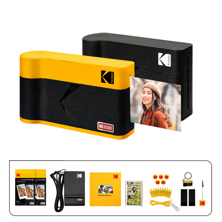 Kodak Mini 2 Era M200 black portable photo printer with yellow accents, accessories included.