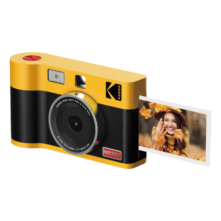 Yellow Kodak Mini Shot 2 Era MS200 camera with black accents and photo ejecting.