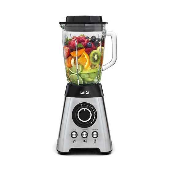 Laica blender with clear pitcher containing fruit, silver base, black lid and controls.