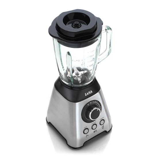 Laica blender, silver and black,  glass pitcher, control dial and buttons.