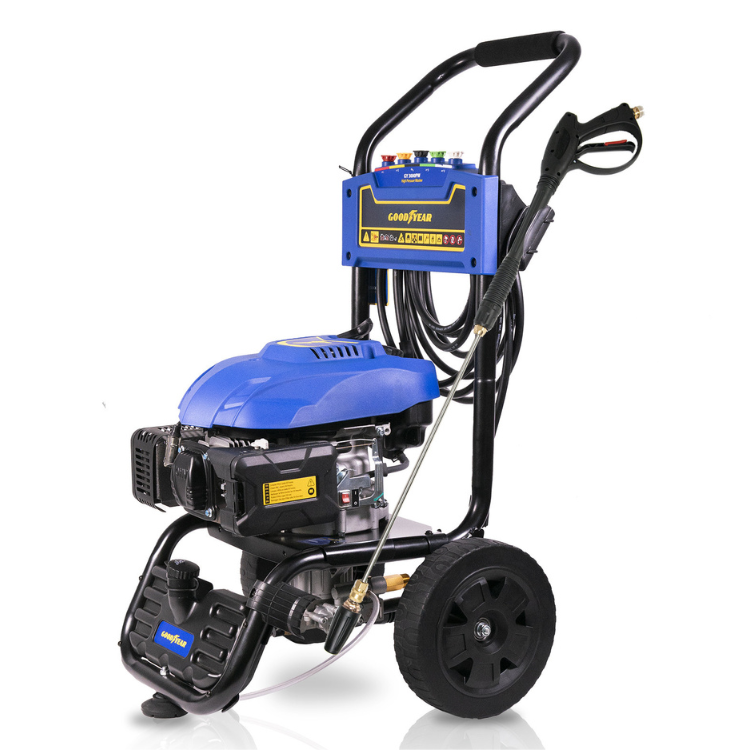 Blue and black Goodyear 206 Bar gasoline pressure washer with yellow accents.