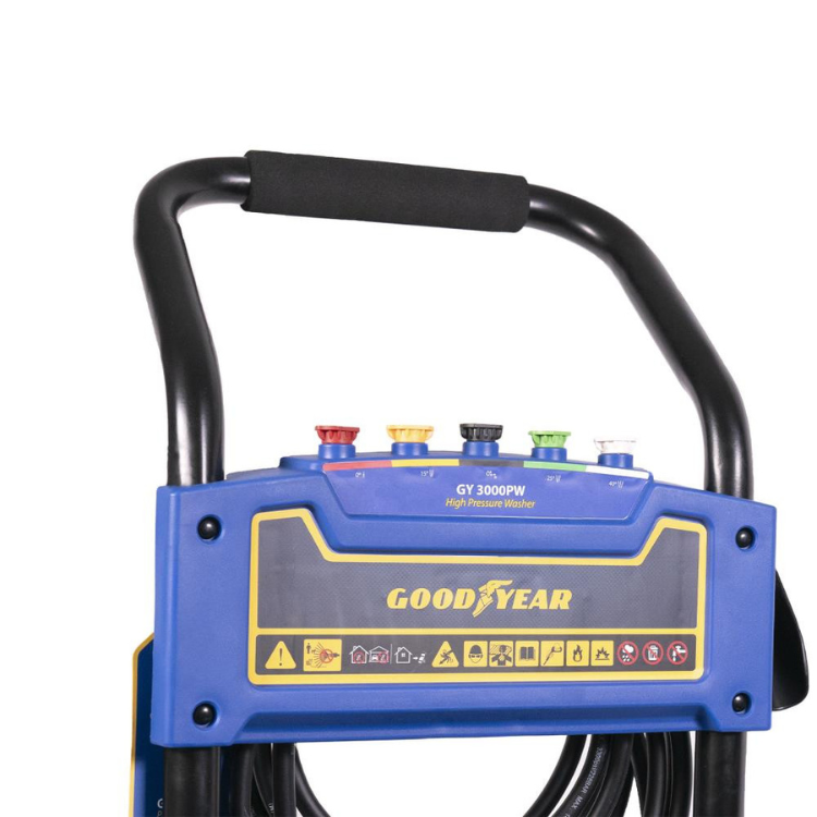 Blue and yellow Goodyear high pressure washer control panel with four nozzles.