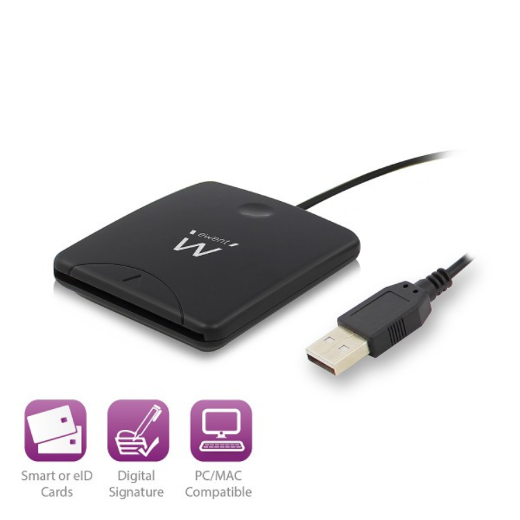 Black Ewent USB 2.0 card reader with USB cable.