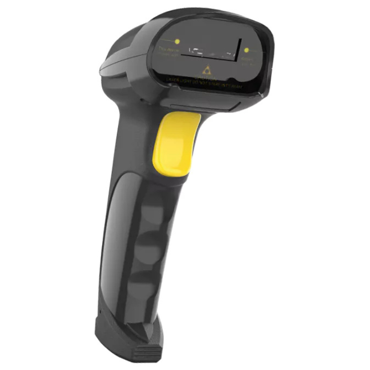 Black and yellow barcode scanner with Bluetooth and WiFi capabilities.