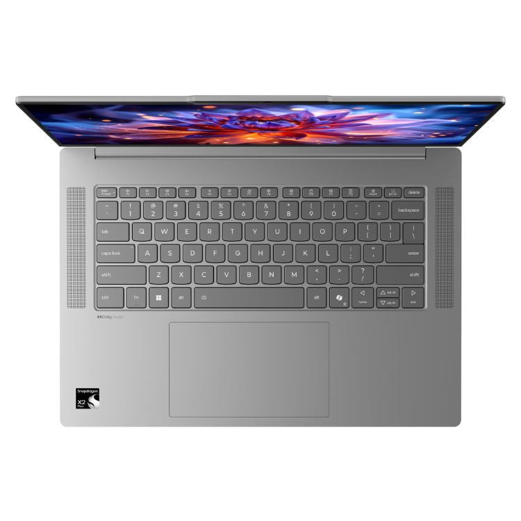Portátil Lenovo IdeaPad Slim 5 cinzento, Snapdragon X2 Plus, 15.3 polegadas, aberto com imagem colorida no ecrã.