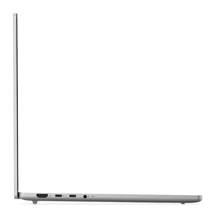 Portátil Lenovo IdeaPad Slim 5 cinzento, vista lateral, com várias portas e conetores na parte inferior.