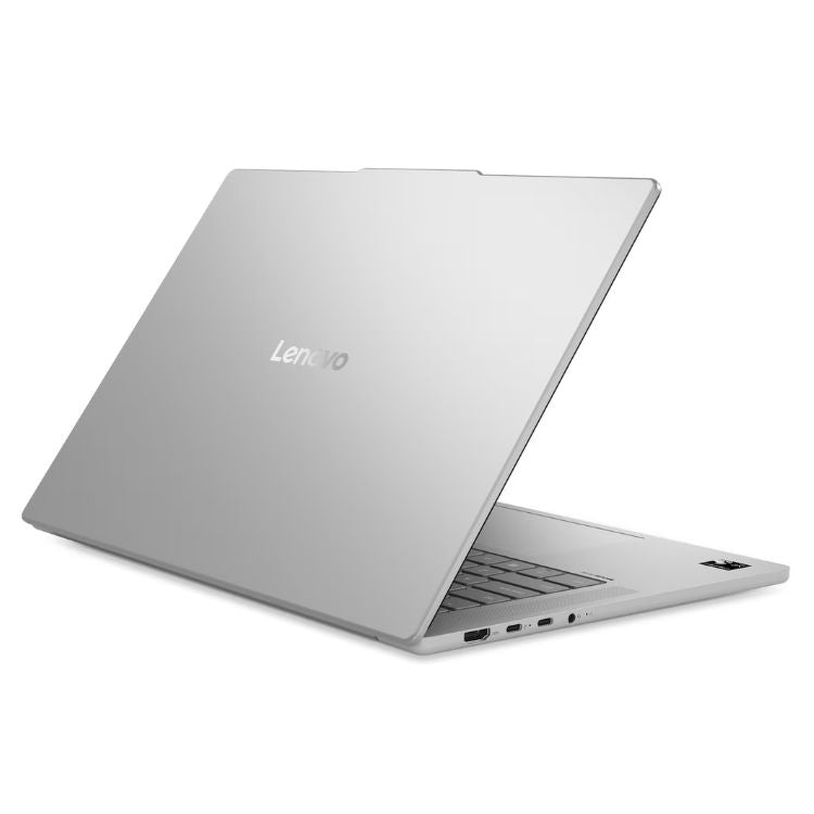 Portátil Lenovo IdeaPad Slim 5 cinzento aberto, mostrando o teclado e várias portas laterais.