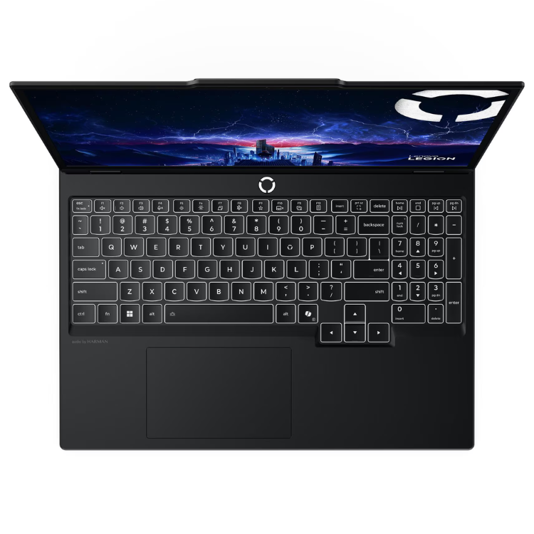 Portátil Lenovo Legion 5 preto, 15.1 polegadas, teclado iluminado e ecrã OLED com imagem de cidade futurista.