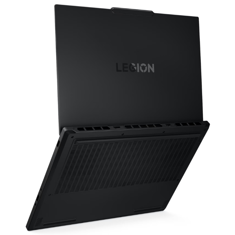 Portátil Lenovo Legion 5 preto, aberto, mostrando a parte de trás e a grelha de ventilação.