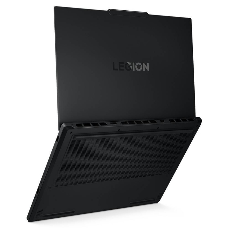 Black Lenovo Legion 5 laptop, open, showing vents on bottom and back with Legion logo.