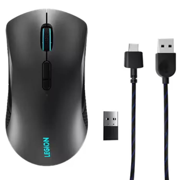 Black Lenovo Legion gaming mouse with 16000 DPI, teal accents, and cables.