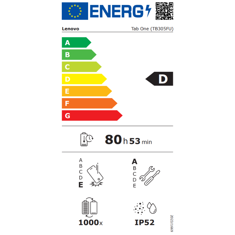 Etiqueta energética do tablet Lenovo Tab One TB305FU, classificação D, 80 horas e 53 minutos de bateria, resistência IP52.