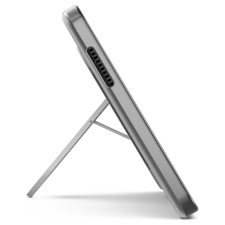 Tablet Lenovo Tab One TB305FU cinzento apoiado em suporte, mostrando altifalantes laterais.