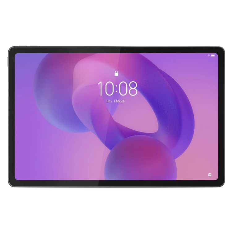 Tablet Lenovo Tab Plus 12.1" cinzento, ecrã ligado com imagem de fundo roxa e data e hora.