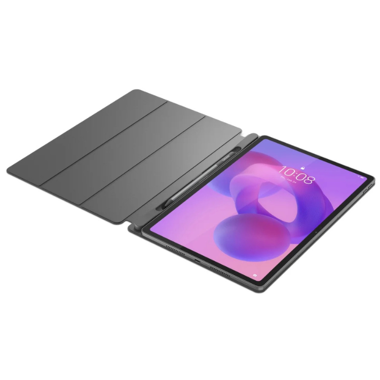 Tablet Lenovo Tab Plus 12.1 cinzento com capa e caneta, ecrã ligado.