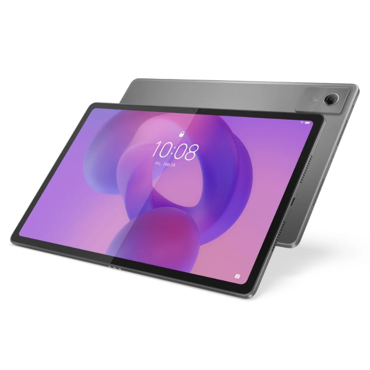 Tablet Lenovo Tab Plus 12.1 cinzento com ecrã ligado a mostrar o relógio.