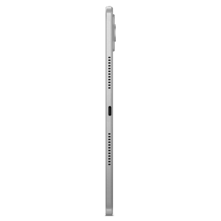 Tablet Lenovo cinzento, lado lateral com furos para som e entrada USB.